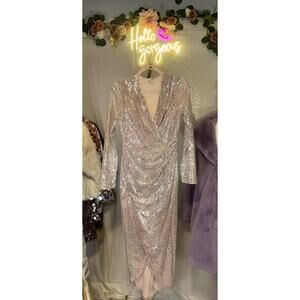 Venus Size M Rose Gold Sequin Long Sleeve Midi Evening Gown